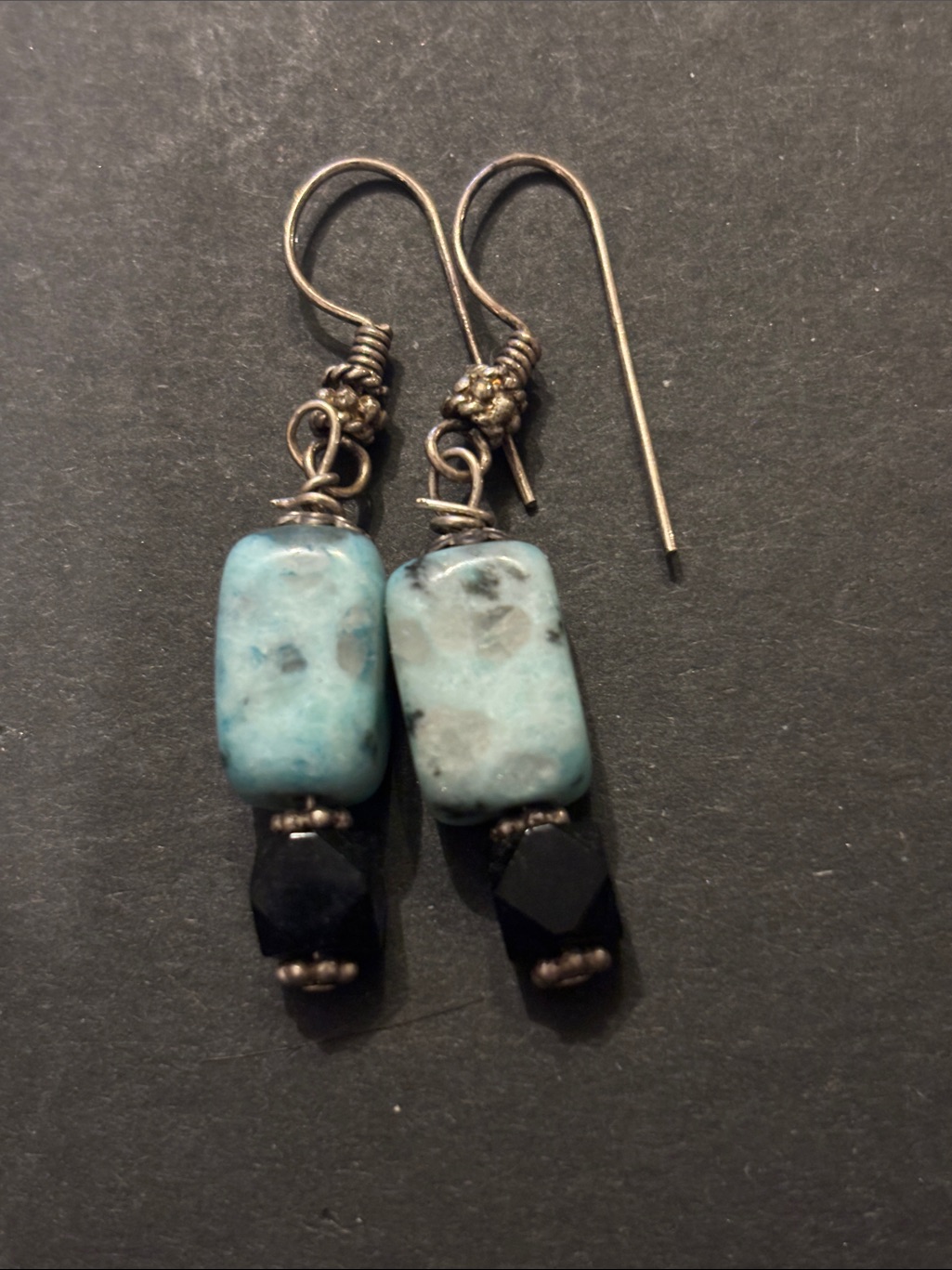 Handcrafted Light Blue Stone And Black Bead Drop Earrings